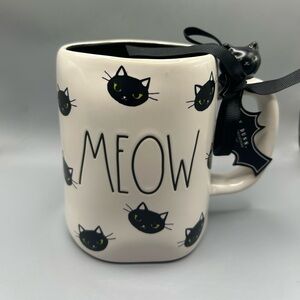 Rae Dunn MEOW Black Cat Mug With Cat On Handle Halloween Cat Lover NEW